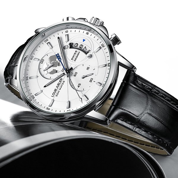 ルイ・ジュエルン 高級30M防水クォーツ腕時計 新作ファッション 本革ストラップ 夜光付き時計 41MM 三つ目腕時計