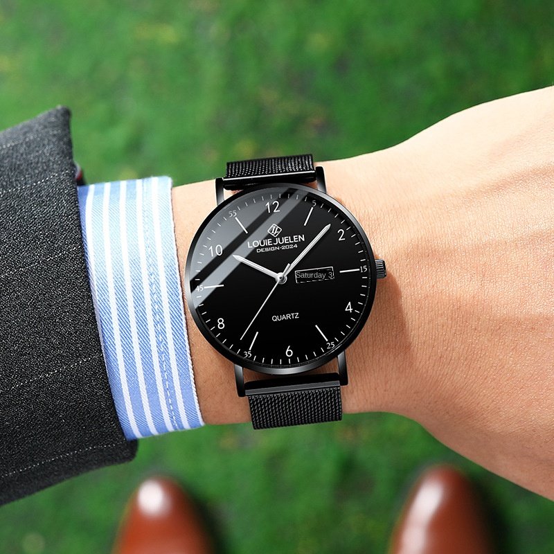 ルイ・ジュエレン メンズ クォーツ腕時計 サファイアクリスタル ステンレススチールメッシュ 41mm 合金ケース 夜光針 防水 クラシック トレンド