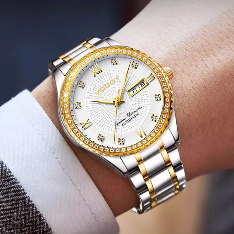 Vajve メンズ 40mm 合金 ファッション 発光ポインター ダイヤモンドがちりばめられた防水ステンレススチールバンド 全自動機械式時計