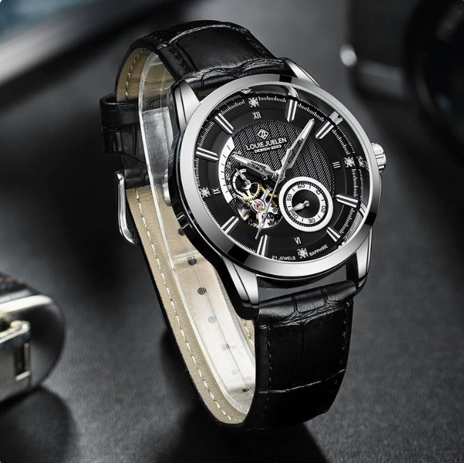 ルイ・ジュエレン 43mm ライブ販売 メンズ腕時計 夜光機械式時計 防水レザーストラップ ポインター ステンレススチール時計