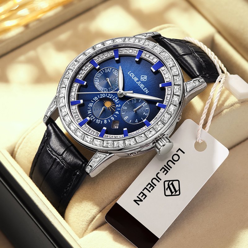 メンズファッション高級機械式ムーブメント腕時計 合金製本革バンド 43MM 夜光ダイヤモンド モアサナイト腕時計 3BAR防水