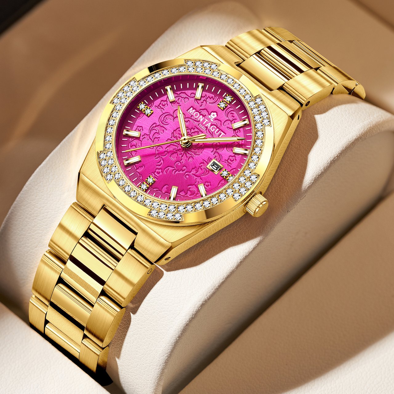 33MM レディースファッションクォーツ時計 輸入ムーブメント 夜光＆カレンダー 30M防水 ステンレススチール時計 Montre Uhr