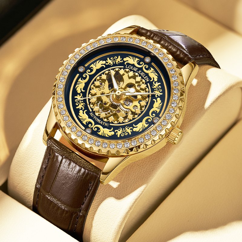 LOUIE JUELEN メンズ高級ビジネス自動機械式時計 41mm 発光ポインターハンド 本革ストラップ ミネラルガラス 30M