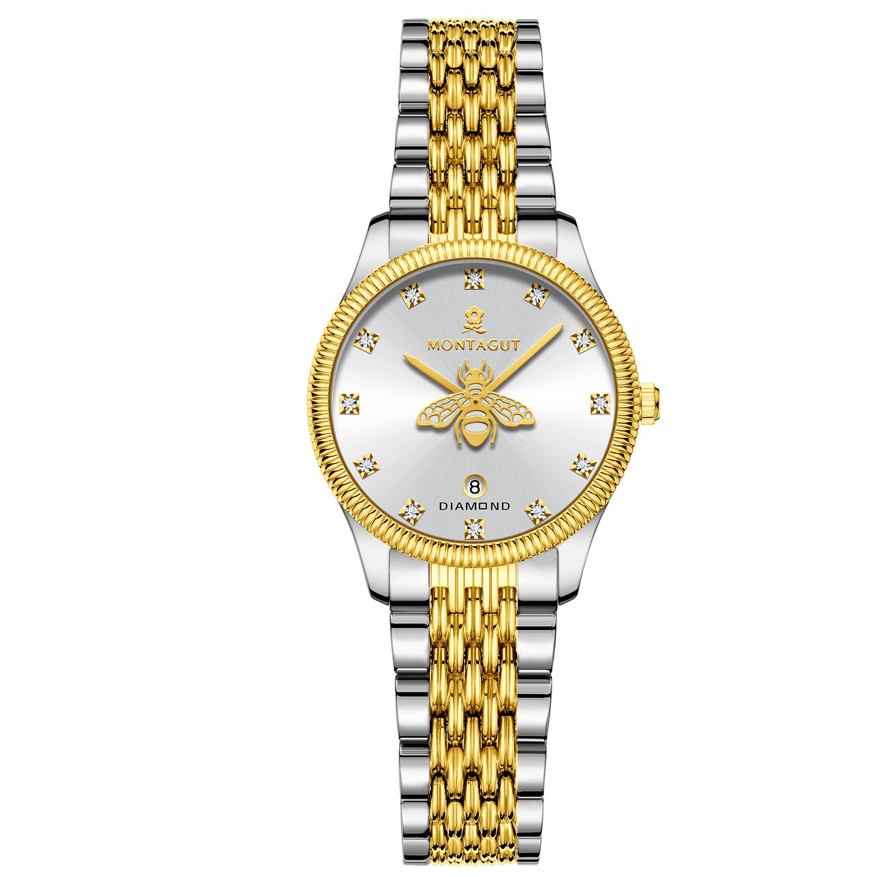 MONTAGUT レディース ファッション クォーツ時計 32mm ステンレススチールバンド 30M 防水 ゴールドケース ダイヤモンド 高級カップルギフトウォッチ