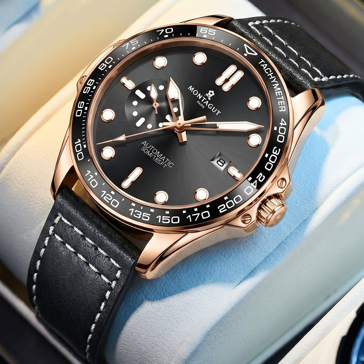 モントレ ディグニファイド ローズゴールド腕時計 レザーウォッチストラップ 42MM 多機能機械式メンズ高級腕時計 3BAR防水 Uhr