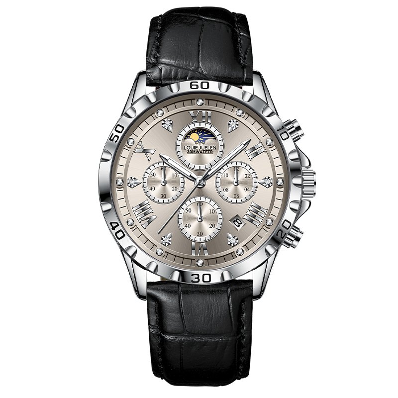 LOUIE JUELEN メンズクォーツ腕時計 40mm 夜光日付表示 合金ケース ミネラルガラス ステンレススチールバンド シンプルファッションデザイン