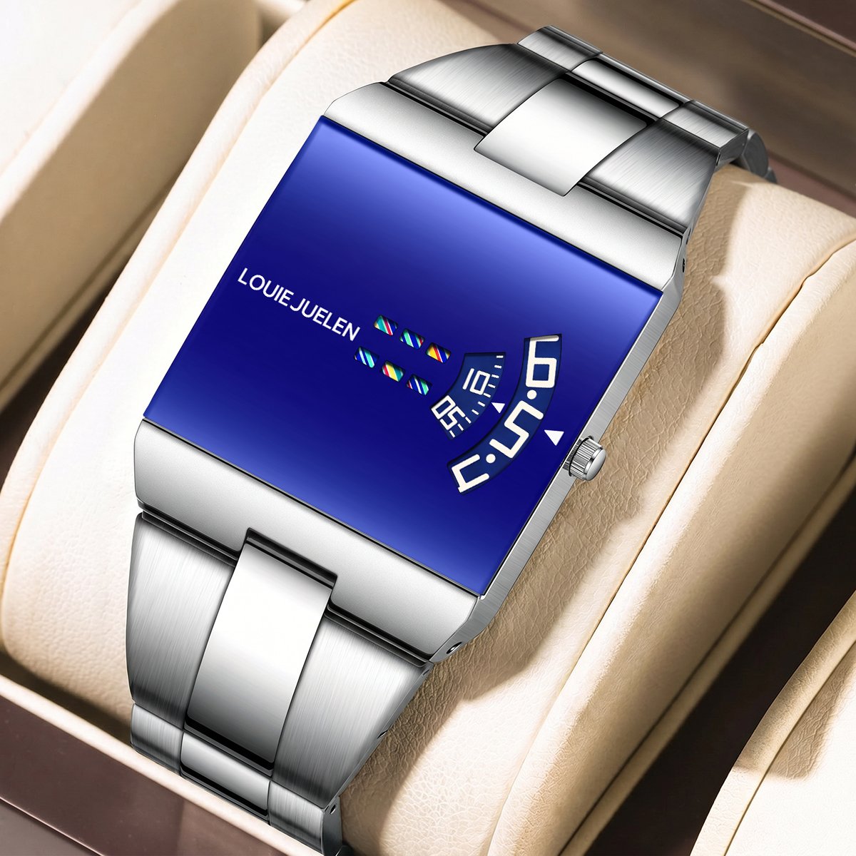 ルイ・ジュエレン 高級メンズクォーツ腕時計 合金製スクエアポインター 36mm ステンレススチールバンド 防水3BAR バタフライクラスプ時計