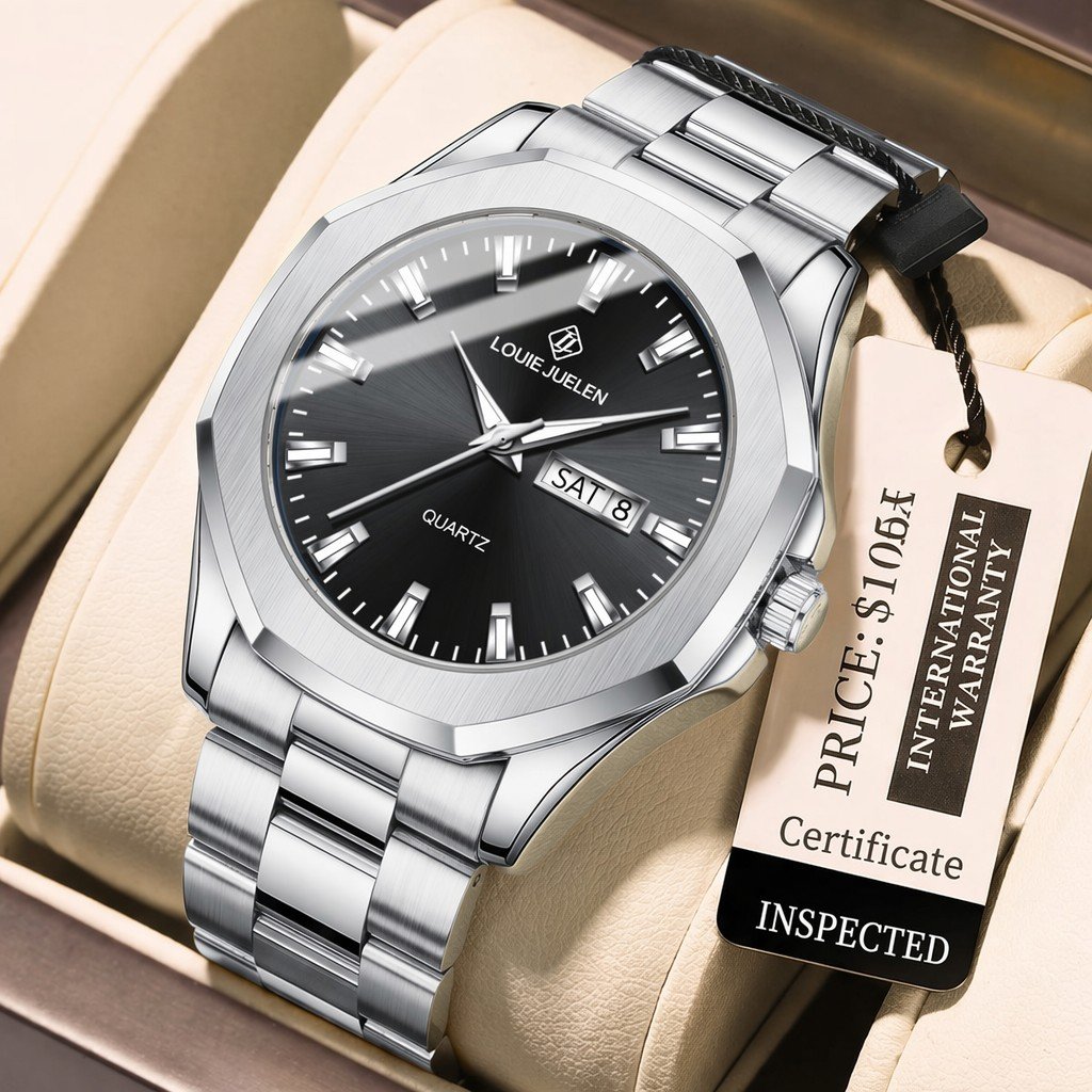 メンズクォーツ時計 42mm 夜光日付表示 合金ケース ミネラルガラス ステンレススチールバンド モントレ ファッション腕時計 3BAR防水