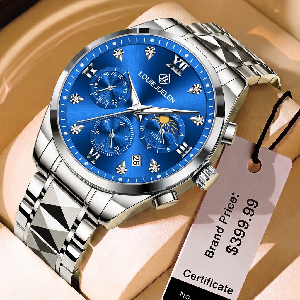 メンズ腕時計 3BAR防水 42MM クラシックブルー アナログ 高級ステンレススチール製 カスタムロゴ入り腕時計